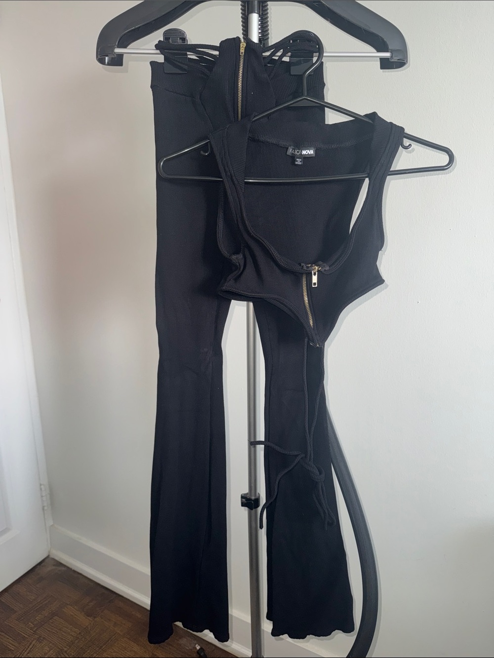 Black Ribbed Zip-Front Pants Set fashion nova spandex